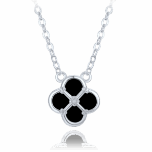 MINET Strieborný náhrdelník štvorlístok s čiernou perleťou