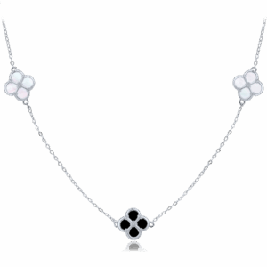 MINET Pozlátený strieborný náhrdelník štvorlístok biely a čierny perleť