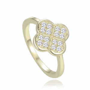 MINET Pozlátený strieborný prsteň štvorlístok s bielymi zirkónmi veľkosť 54